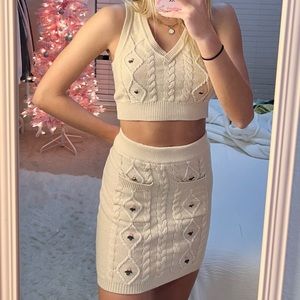 REVOLVE Bella Skirt and vest in Oatmeal w Embroidery. Top-xs, skirt-s SELLING TG